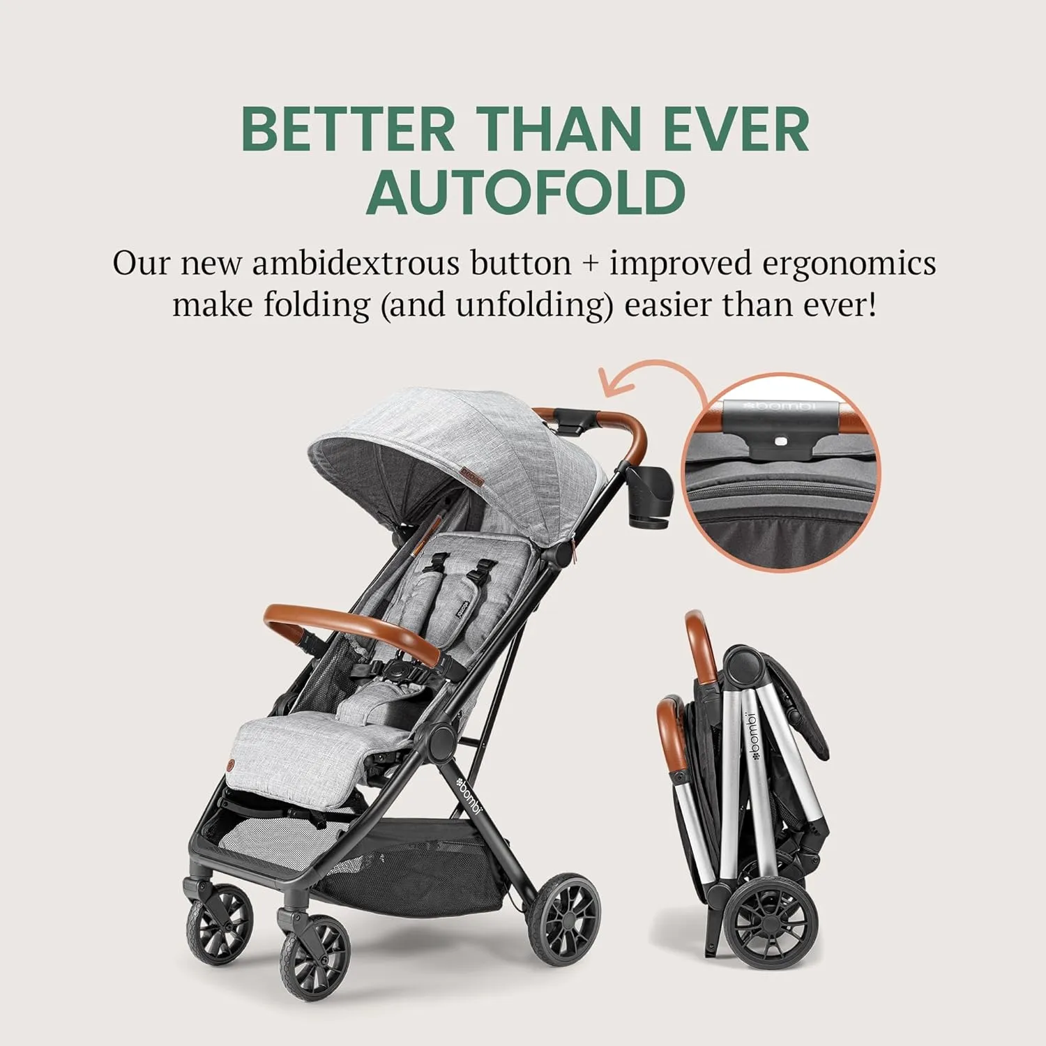 Bēbee V2 Lightweight Baby Stroller - Premium Vegan Leather, One-Hand Fold, Infinite Recline, Aircraft-Grade Aluminum Frame, XXL Canopy, and Ample Storage Umbrella Stroller - Stone Gray
