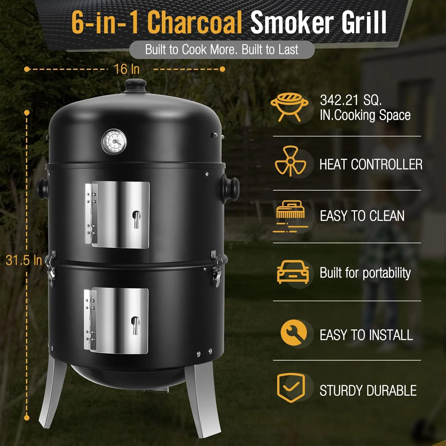 BBQ Charcoal Smoker for Meat: 16 Inch Heavy Duty 4 In 1 BBQ Charcoal Grills - Vertical Barbecue Smokers Grill Combo for Outdoor Cooking Patio Backyard Picnic Party Grilling