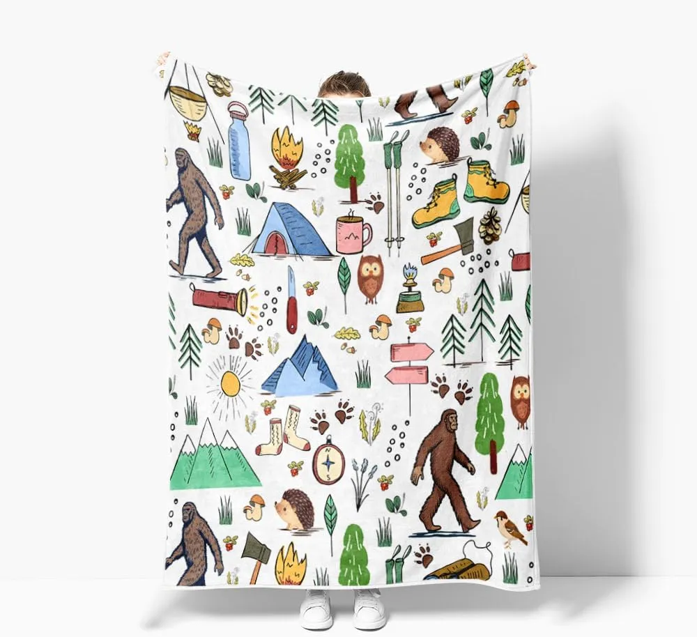 Bigfoot Camping Blanket Outdoor Camper Theme Froest Animal Mountain Bear Big Foot Plush Throw Blanket Soft Fuzzy Flannel Blanket for Bed Couch Sofa Decor Blankets RV Camping Bigfoot Blankets Gifts