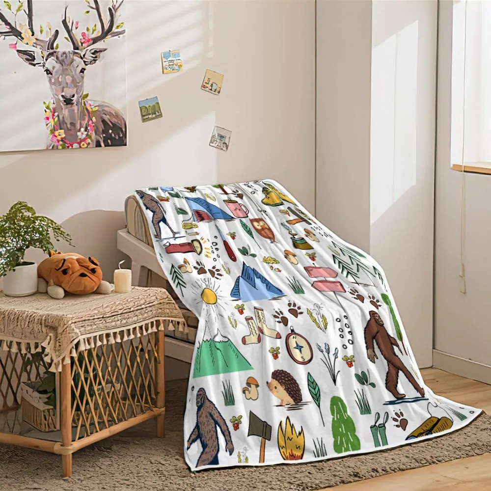 Bigfoot Camping Blanket Outdoor Camper Theme Froest Animal Mountain Bear Big Foot Plush Throw Blanket Soft Fuzzy Flannel Blanket for Bed Couch Sofa Decor Blankets RV Camping Bigfoot Blankets Gifts
