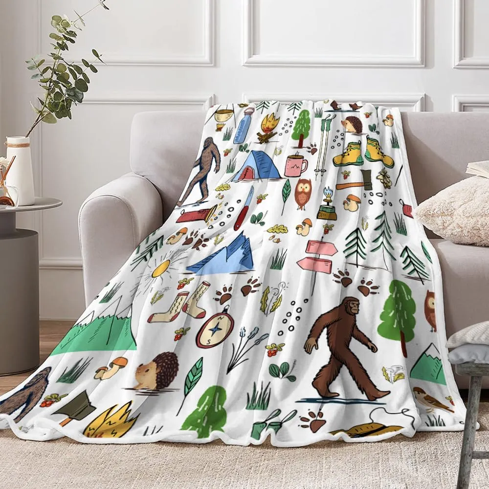 Bigfoot Camping Blanket Outdoor Camper Theme Froest Animal Mountain Bear Big Foot Plush Throw Blanket Soft Fuzzy Flannel Blanket for Bed Couch Sofa Decor Blankets RV Camping Bigfoot Blankets Gifts