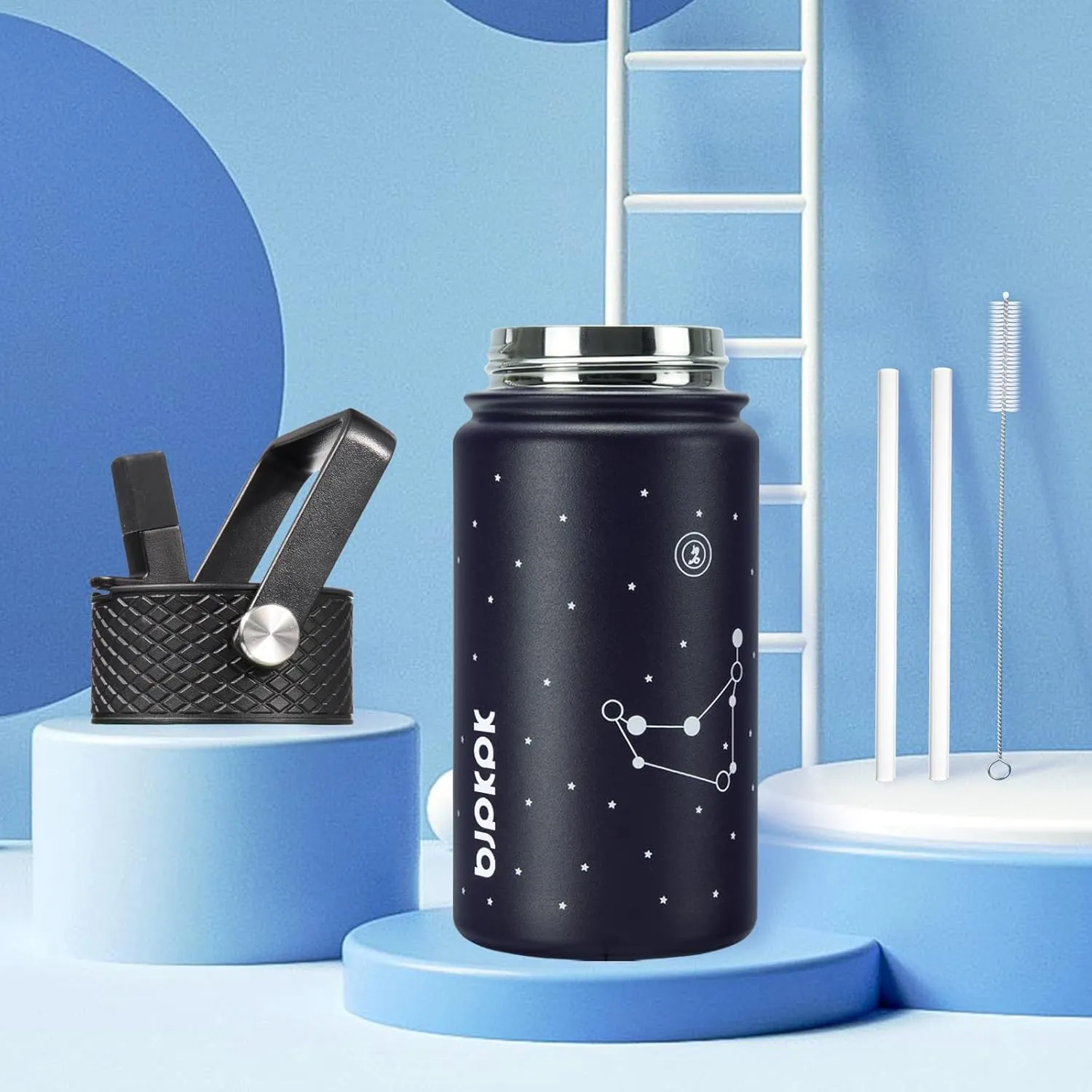 BJPKPK Water Bottle with Straw Lid, 15 oz Insulated Water Bottle, Stainless Steel Metal Water Bottles, Reusable Leak Proof BPA Free Thermos, Flask, Cups,Constellation-Capricornus