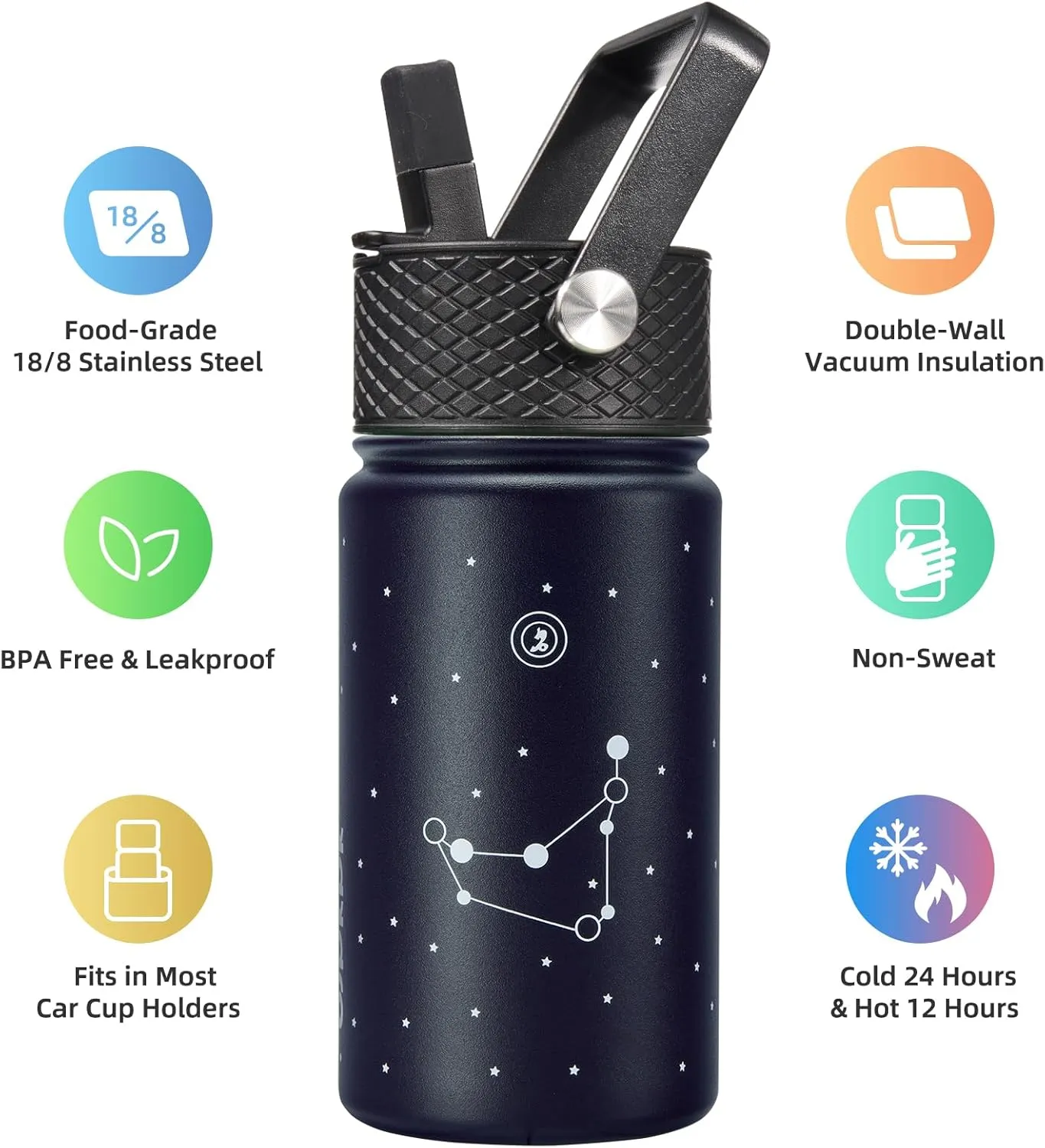 BJPKPK Water Bottle with Straw Lid, 15 oz Insulated Water Bottle, Stainless Steel Metal Water Bottles, Reusable Leak Proof BPA Free Thermos, Flask, Cups,Constellation-Capricornus