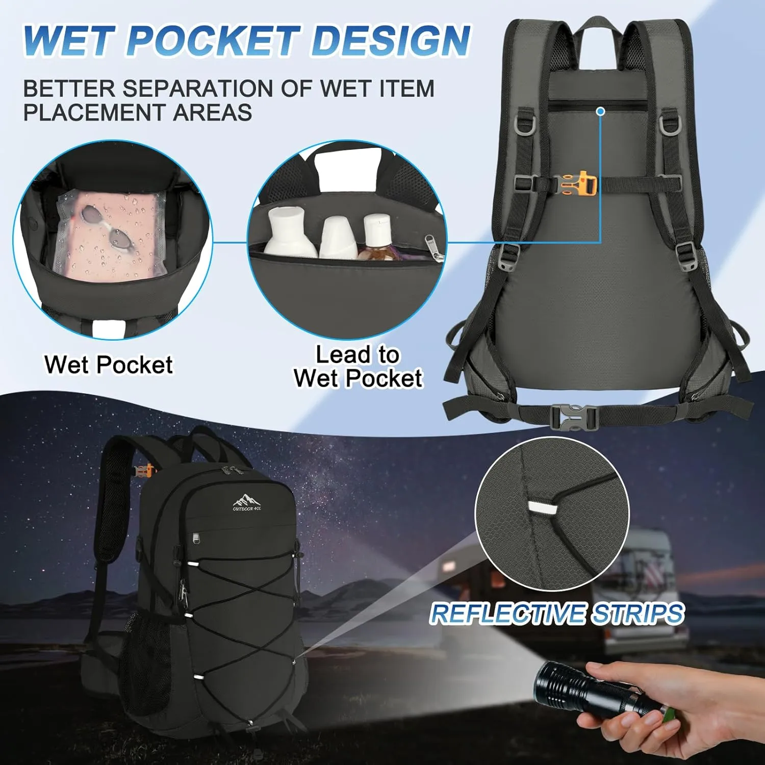 BKNOOU 40L Lightweight Hiking Backpack Packable Camping Backpack Waterproof Hiking Daypack Men Women Foldable Travel Daypack