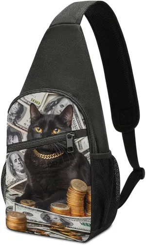 Black Lucky Cat Money Dollar Crossbody Bags for Women Men Sling Bag Casual Chest Bag Daypack for Travel Sport Hiking