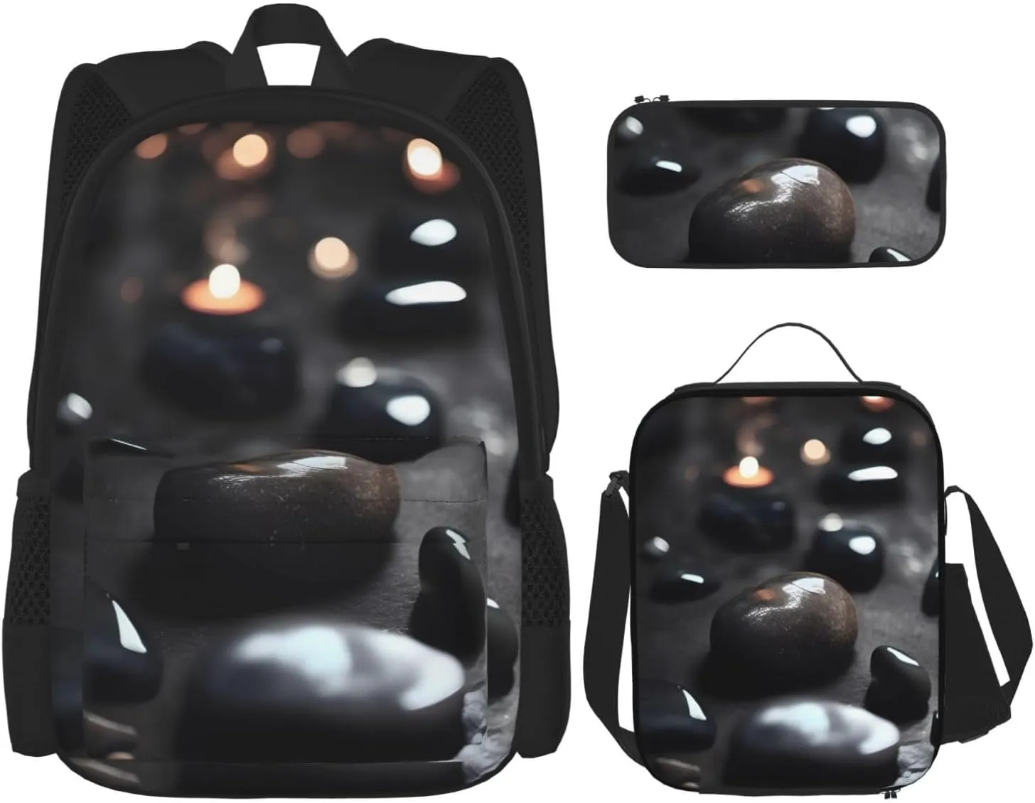 Black Mystery Heart Stonebackpack 3 Piece Set, Duffel Bag,* Casual Backpack, Girls Boys Backpack For Hiking, School