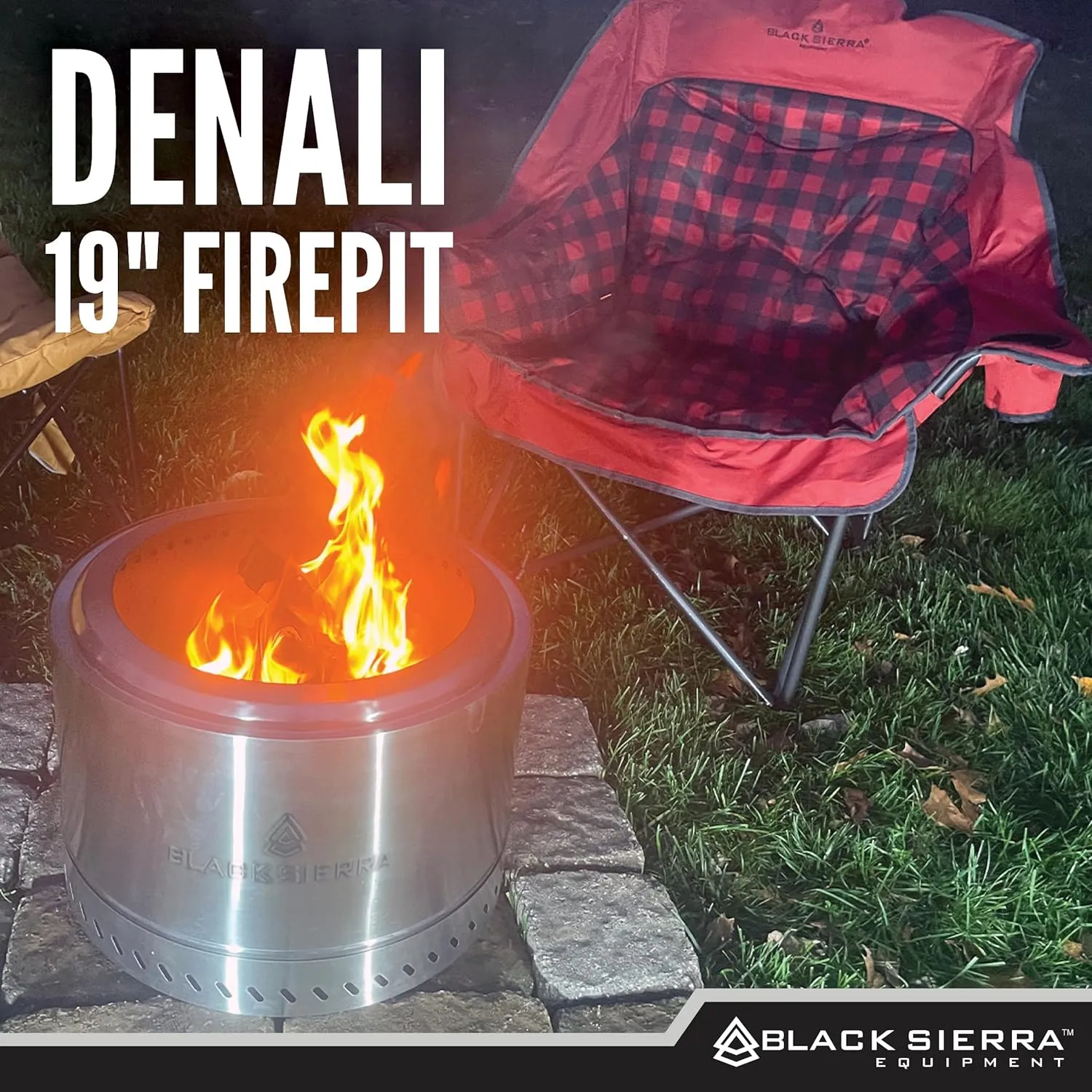 Black Sierra Smokeless 19" Firepit, Outdoor Wood Burning Fire Pit for Patio, Deck- Stainless Steel, Includes Carry Bag and Removable Grate, Portable Design Perfect for Camping