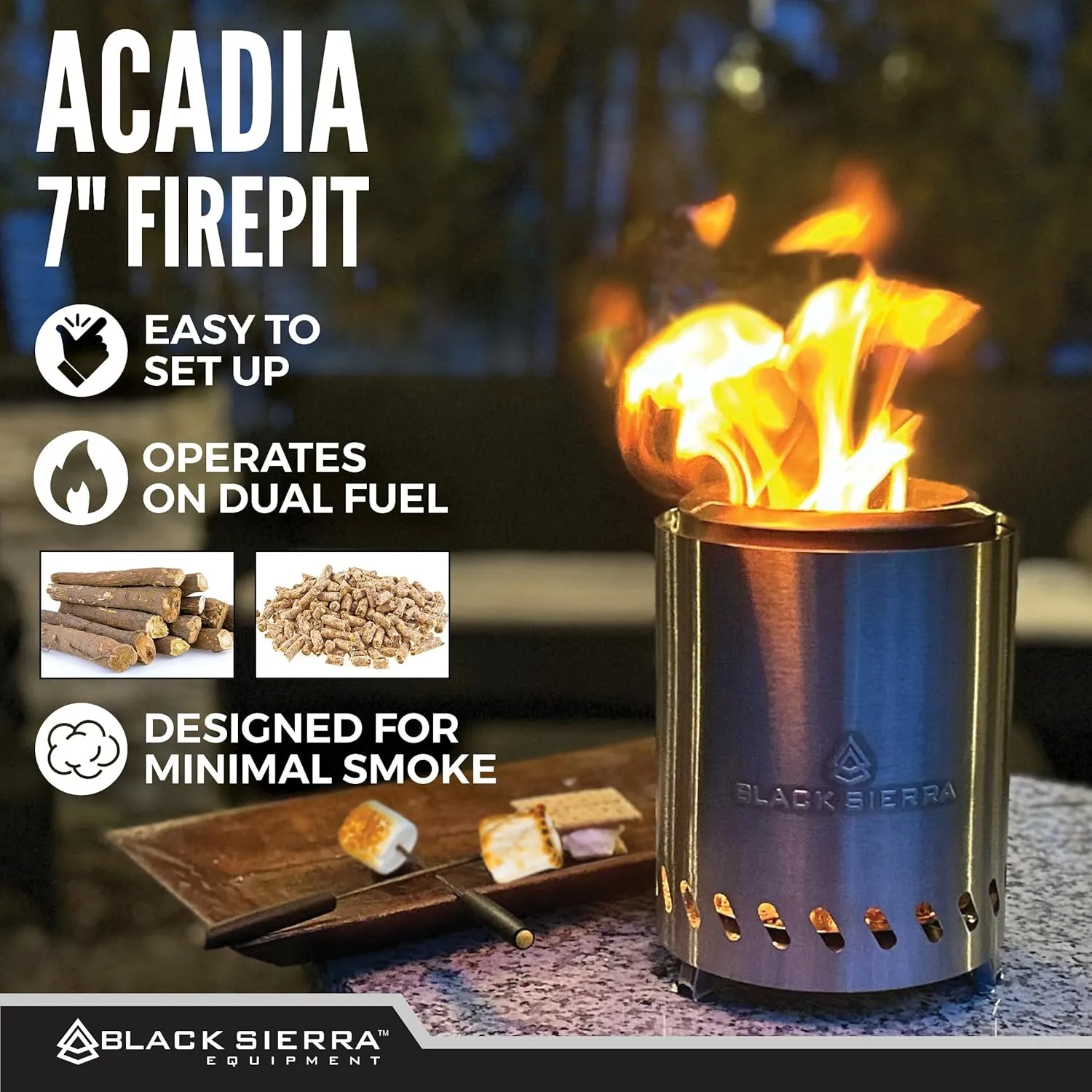 Black Sierra Tabletop Smokeless 7" Firepit, Mini Firepit Burns Wood Pellets, Stainless Steel for Camping, Outdoor & Patio, Wood Burning Portable Bonfire Perfect for Smore's