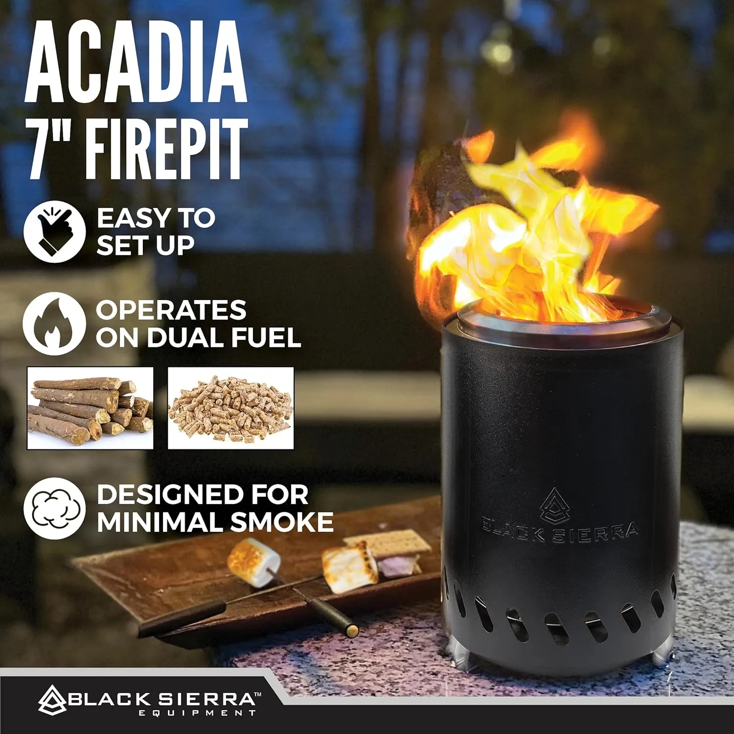 Black Sierra Tabletop Smokeless 7" Firepit, Mini Firepit Burns Wood Pellets, Stainless Steel for Camping, Outdoor & Patio, Wood Burning Portable Bonfire Perfect for Smore's