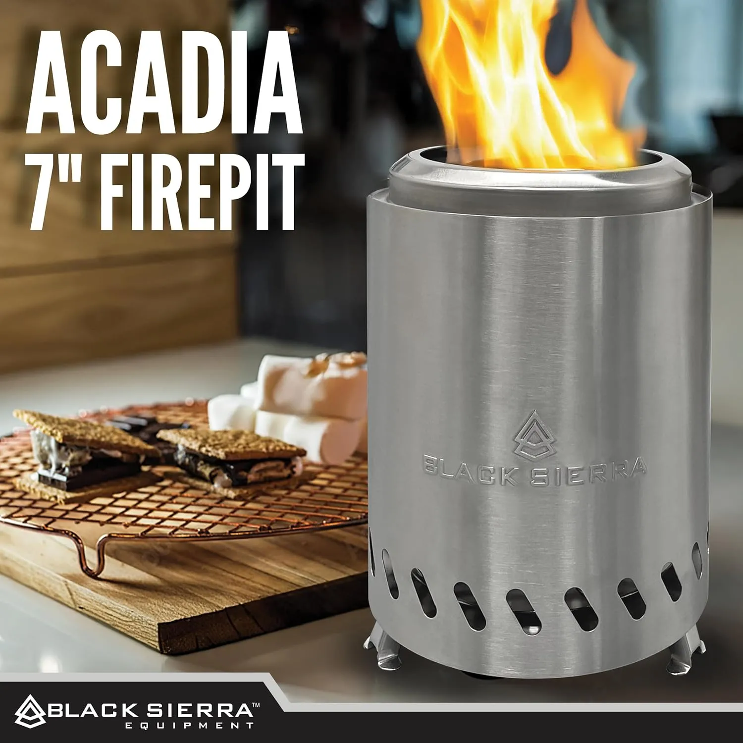 Black Sierra Tabletop Smokeless 7" Firepit, Mini Firepit Burns Wood Pellets, Stainless Steel for Camping, Outdoor & Patio, Wood Burning Portable Bonfire Perfect for Smore's