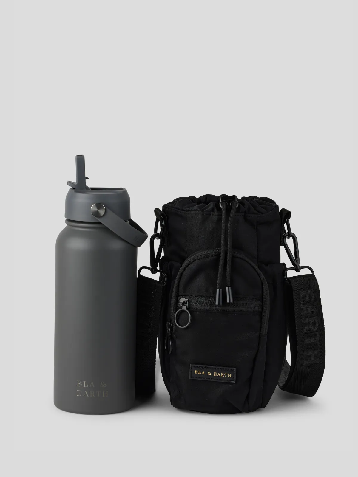 Black - Water Bottle Bag & 1 Litre Water Bottle Set