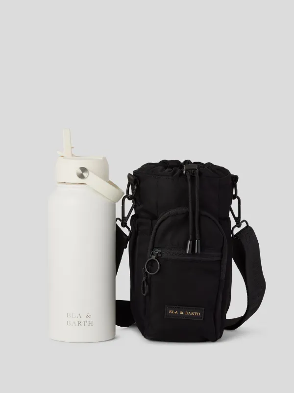 Black - Water Bottle Bag & 1 Litre Water Bottle Set