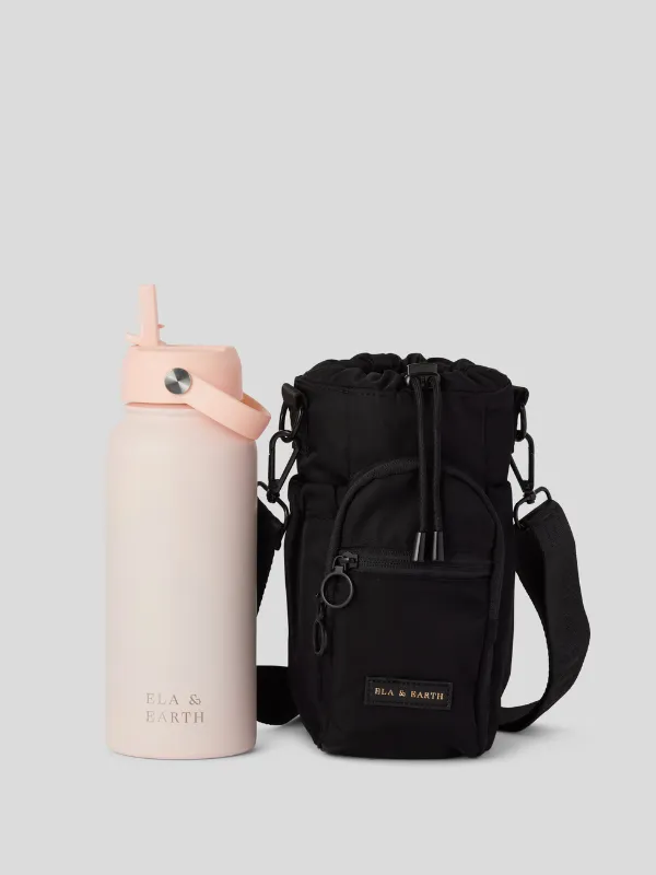 Black - Water Bottle Bag & 1 Litre Water Bottle Set
