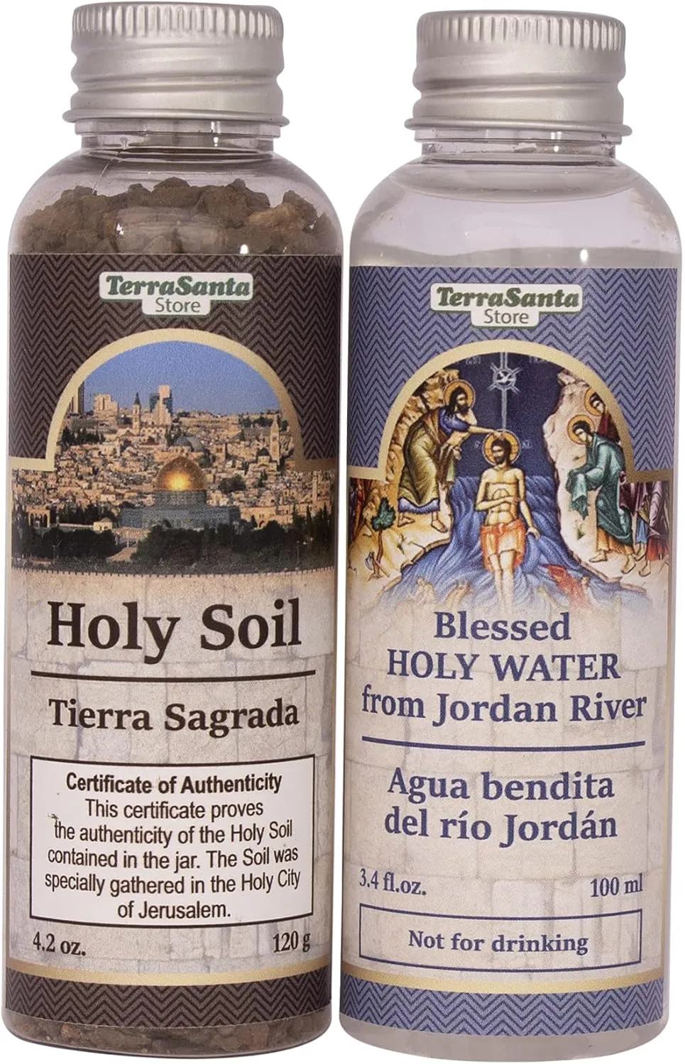 Blessed Authentic Bottle Set with Holy Water 8.4 fl.oz(100 ml) Souvenir from Jerusalem Holy Land Holy Soil Israel Earth 4,2oz (120 gr) Certificate Gift Spiritual Tierra Sagrada Christian
