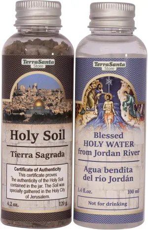 Blessed Authentic Bottle Set with Holy Water 8.4 fl.oz(100 ml) Souvenir from Jerusalem Holy Land Holy Soil Israel Earth 4,2oz (120 gr) Certificate Gift Spiritual Tierra Sagrada Christian