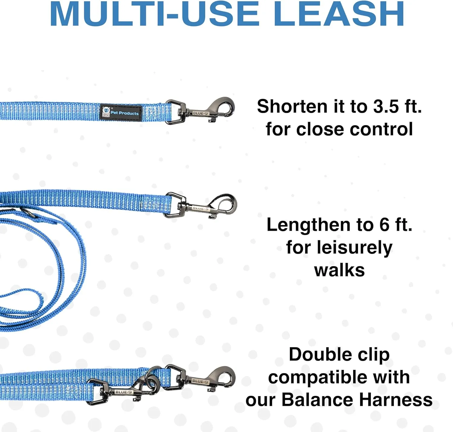 Blue-9 Reflective Multi-Function Dog Leash, Double Attachment Adjustable Lead for Obedience Training and Running, 6 Feet, Made in The USA, Small/Medium, Blue