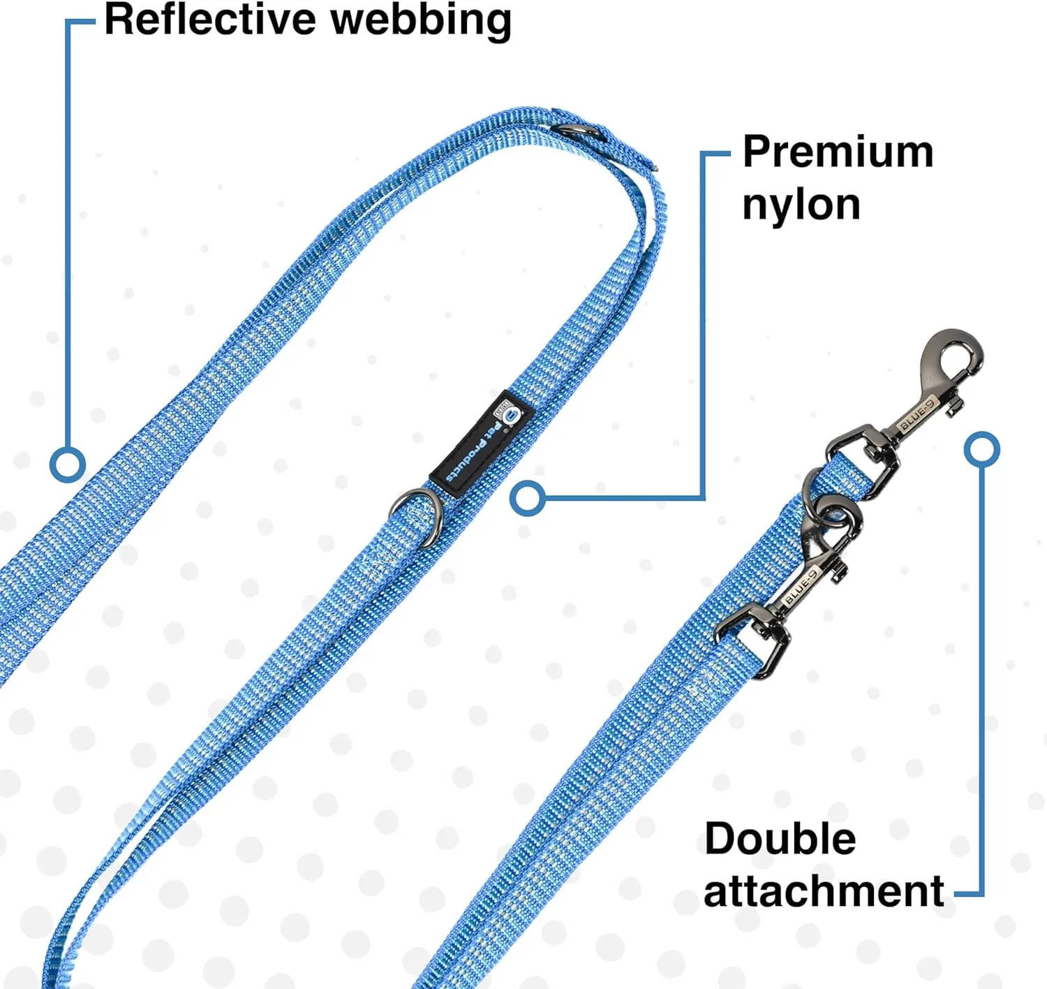 Blue-9 Reflective Multi-Function Dog Leash, Double Attachment Adjustable Lead for Obedience Training and Running, 6 Feet, Made in The USA, Small/Medium, Blue
