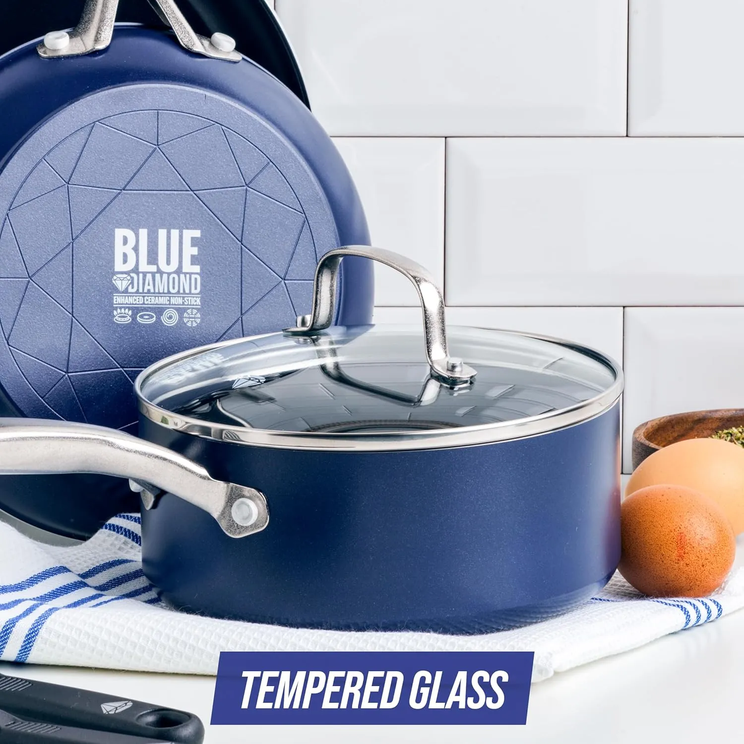 Blue Diamond 8.5” Universal Tempered Glass Lid, Frying Pan Skillet, Sauté, Saucepan, Stockpot, Oven Safe to 350°F, Dishwasher Safe, Stainless Steel Handle, Clear