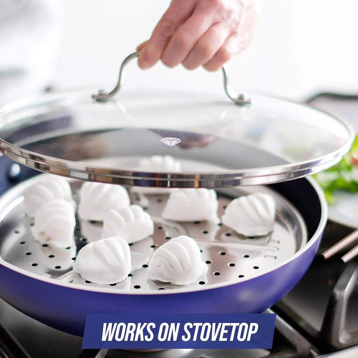 Blue Diamond 8.5” Universal Tempered Glass Lid, Frying Pan Skillet, Sauté, Saucepan, Stockpot, Oven Safe to 350°F, Dishwasher Safe, Stainless Steel Handle, Clear