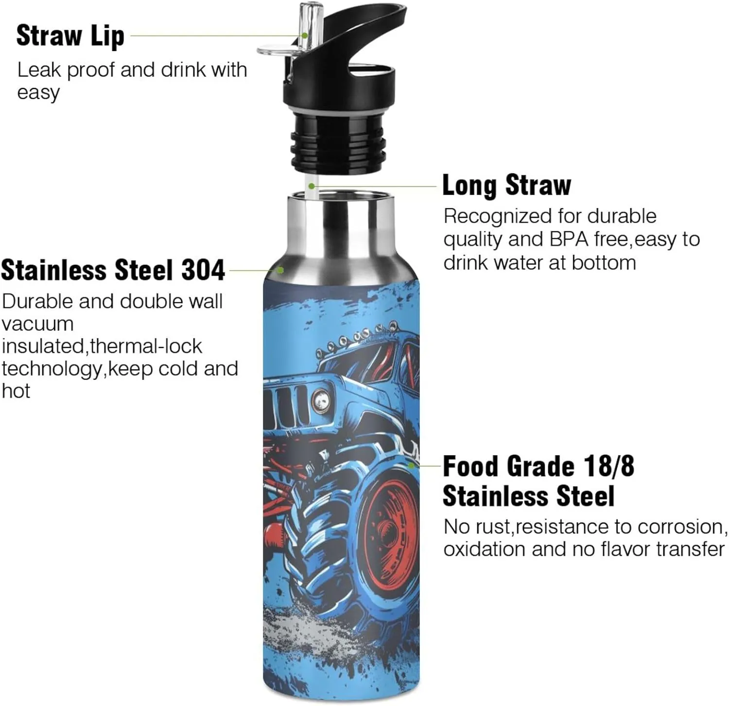 Blue Monster Truck Water Bottle Kids Boys Girls Insulated Stainless Steel Hot Cold Water Flask with Straw Lid for Sports Gym Running 20 oz