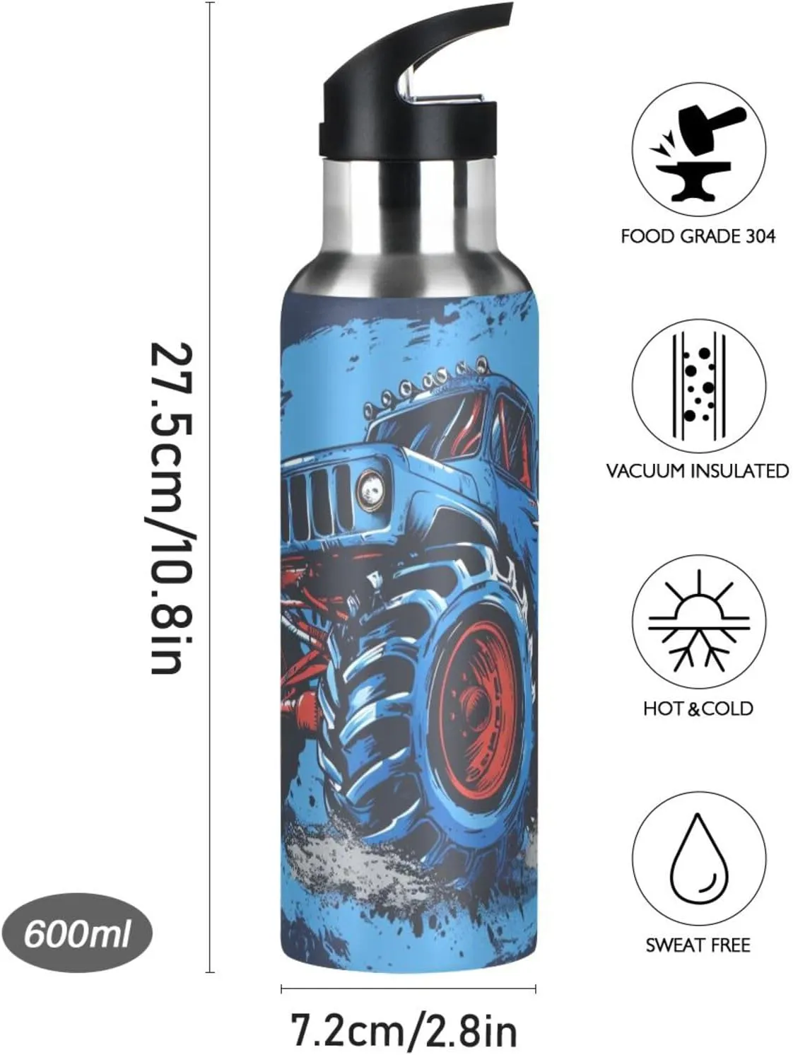Blue Monster Truck Water Bottle Kids Boys Girls Insulated Stainless Steel Hot Cold Water Flask with Straw Lid for Sports Gym Running 20 oz