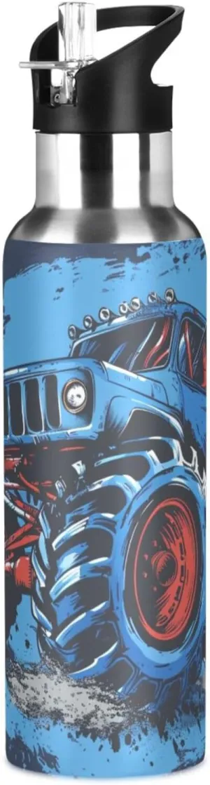 Blue Monster Truck Water Bottle Kids Boys Girls Insulated Stainless Steel Hot Cold Water Flask with Straw Lid for Sports Gym Running 20 oz