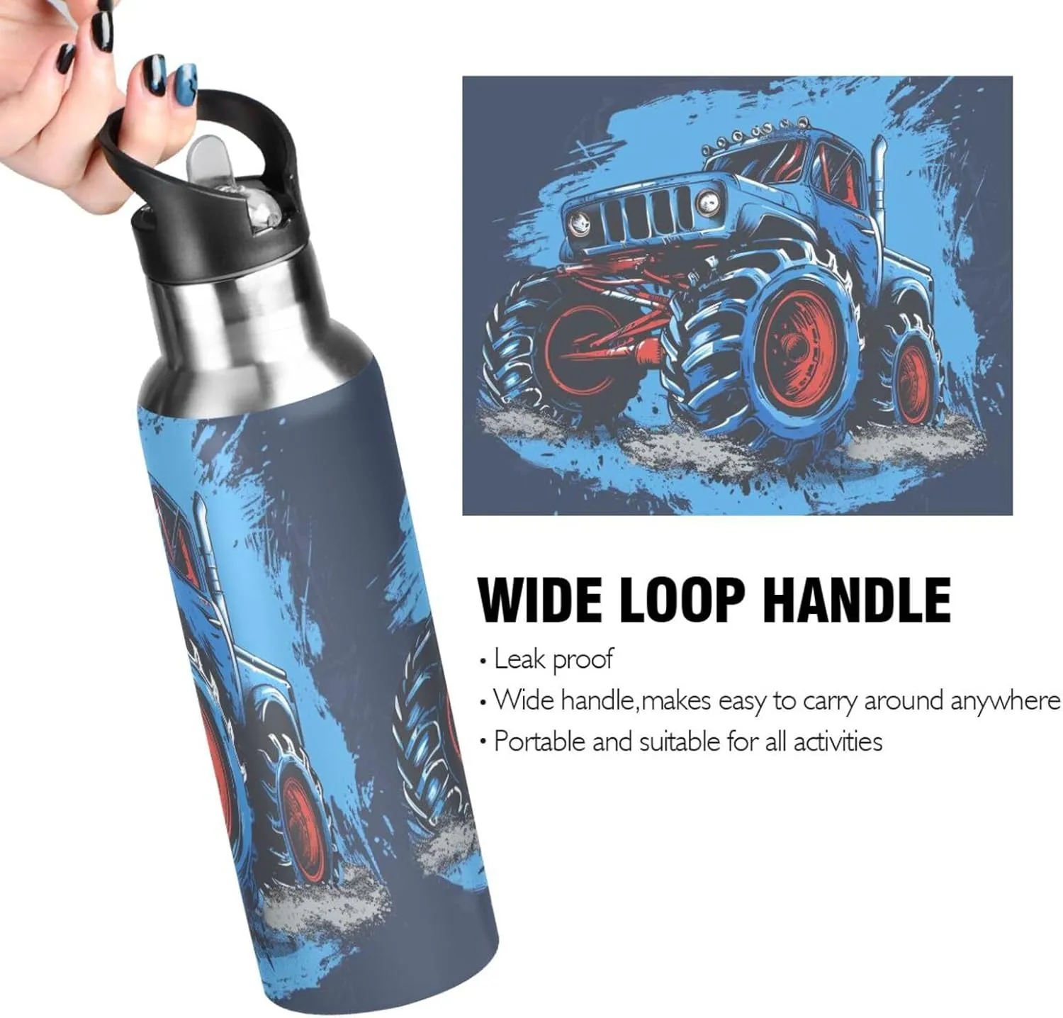 Blue Monster Truck Water Bottle Kids Boys Girls Insulated Stainless Steel Hot Cold Water Flask with Straw Lid for Sports Gym Running 20 oz