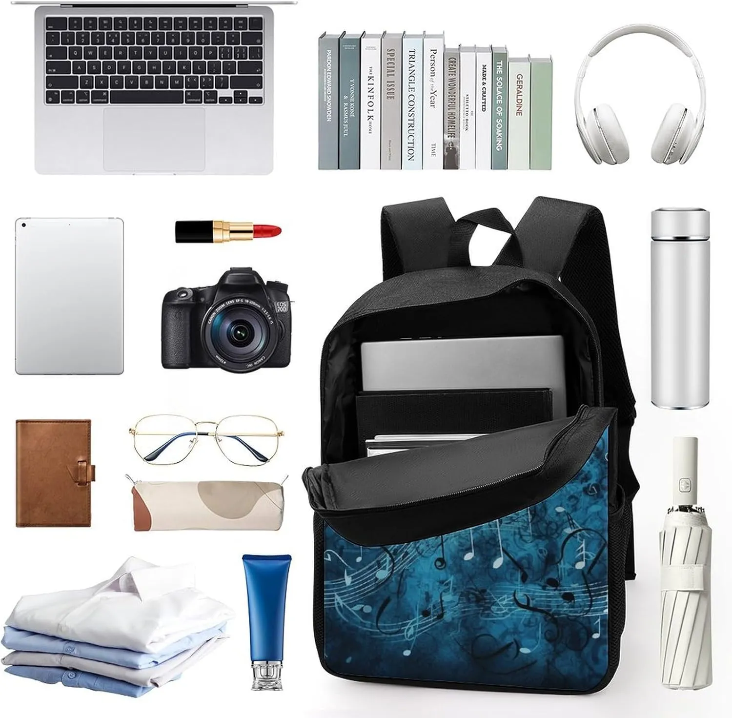 Blue Musical Notes Backpack, Laptop Backpack for Men, 17 Inch Travel Hiking Daypack, Casual Backpack