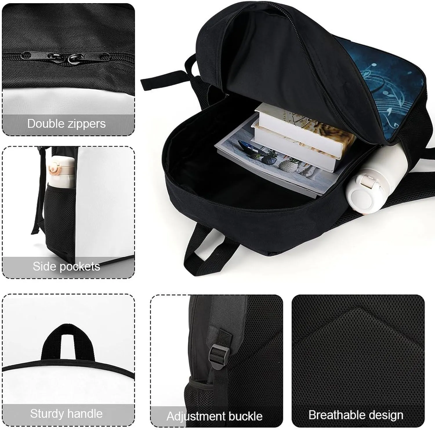 Blue Musical Notes Backpack, Laptop Backpack for Men, 17 Inch Travel Hiking Daypack, Casual Backpack