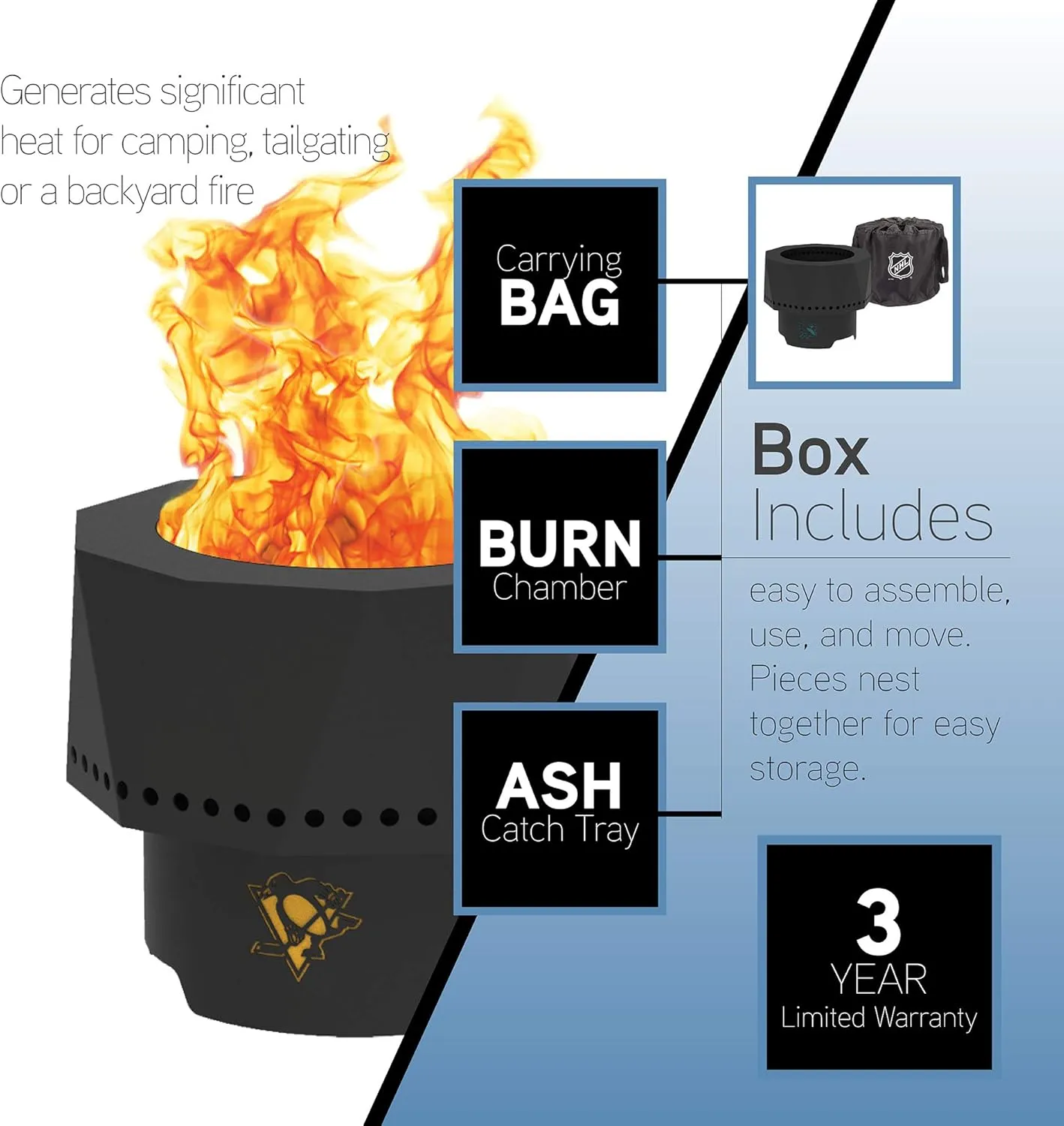 Blue Sky Outdoor Living NHL Washington Capitals Ridge Portable Steel Smokeless Fire Pit with Carrying Bag, Firewood and/or Wood Pellet Burning