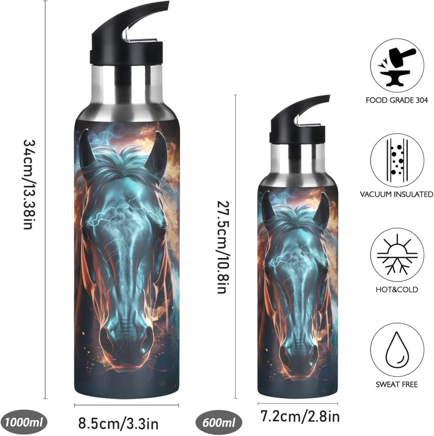 Blue Space Art Horse Sport Water Bottle Insulated Stainless Steel Large Vacuum Flask Leak Proof Thermos with Straw for Travel(600ml/1000ml)