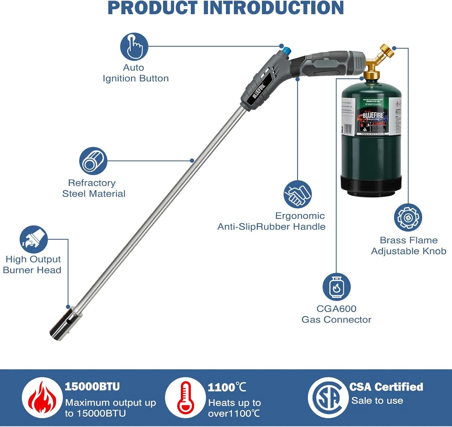 BLUEFIRE 32" Propane Weed Torch, Lightweight Flamethrower for Weeds, Self-Igniting Blow Torch for Weeds, Propane Torch Weed Burner, Portable Weed Killer Torch for Garden, Roof, Snow, and Charcoa