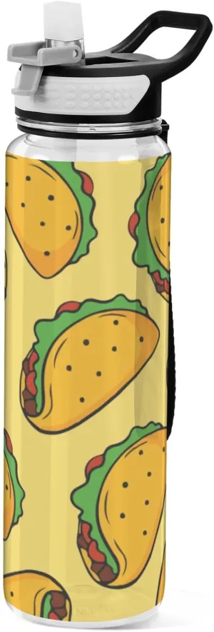 Boccsty Taco Pattern Yellow Kids Water Bottle with Straw Sports Bottles BPA-Free Tritan Plastic Water Jug for Women Men Gym Outdoors