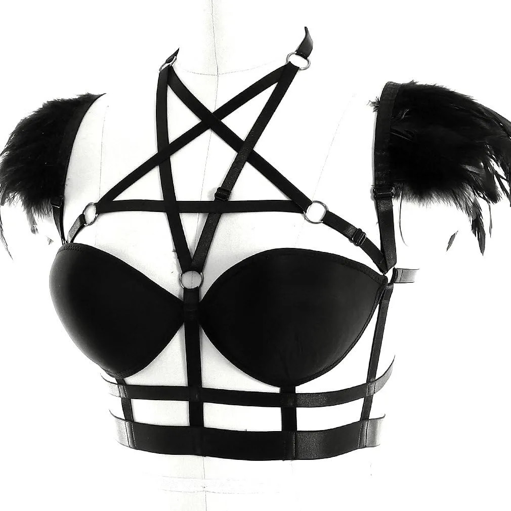 Body CAGE Women's Feathers Body Harness Bra Gothic Punk Epaulette Burning Man Festival Rave Wing Bralette Adjustable