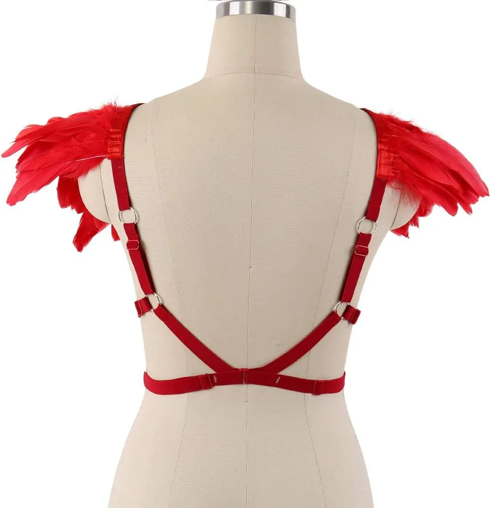 Body CAGE Women's Feathers Body Harness Bra Gothic Punk Epaulette Burning Man Festival Rave Wing Bralette Adjustable