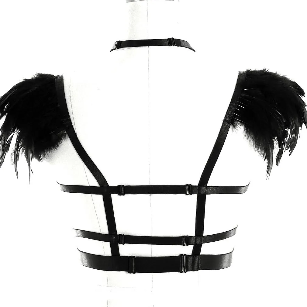Body CAGE Women's Feathers Body Harness Bra Gothic Punk Epaulette Burning Man Festival Rave Wing Bralette Adjustable