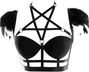Body CAGE Women's Feathers Body Harness Bra Gothic Punk Epaulette Burning Man Festival Rave Wing Bralette Adjustable
