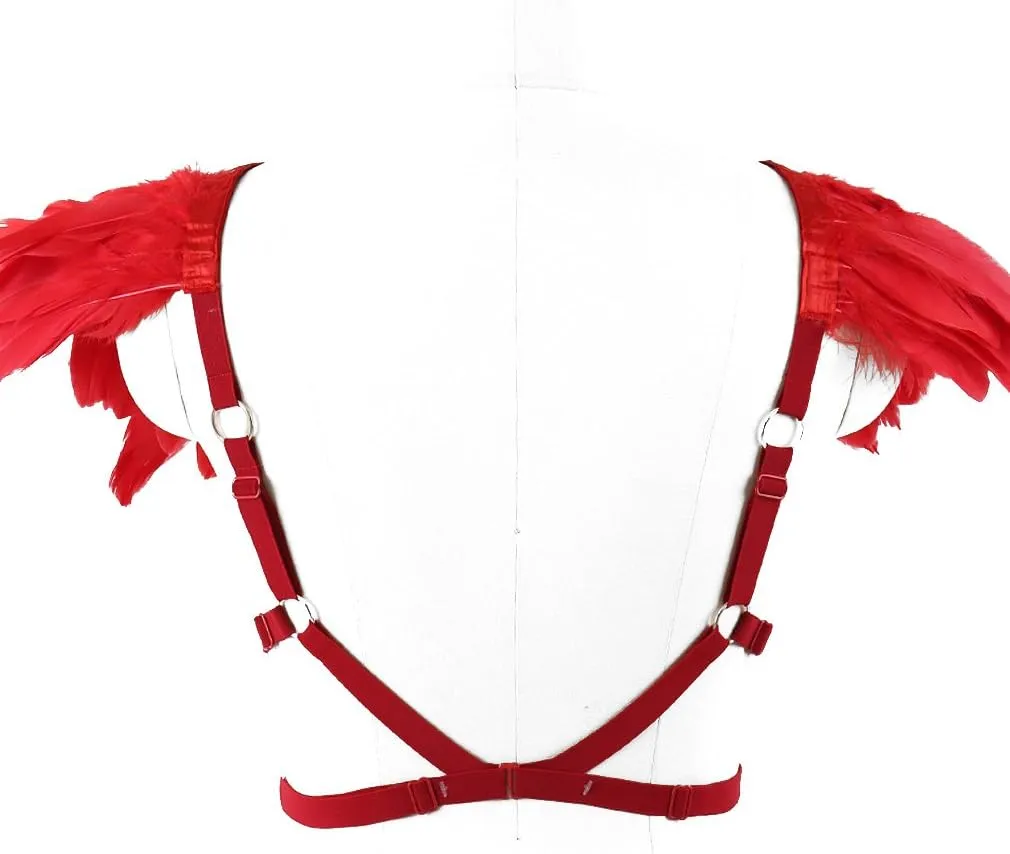 Body CAGE Women's Feathers Body Harness Bra Gothic Punk Epaulette Burning Man Festival Rave Wing Bralette Adjustable