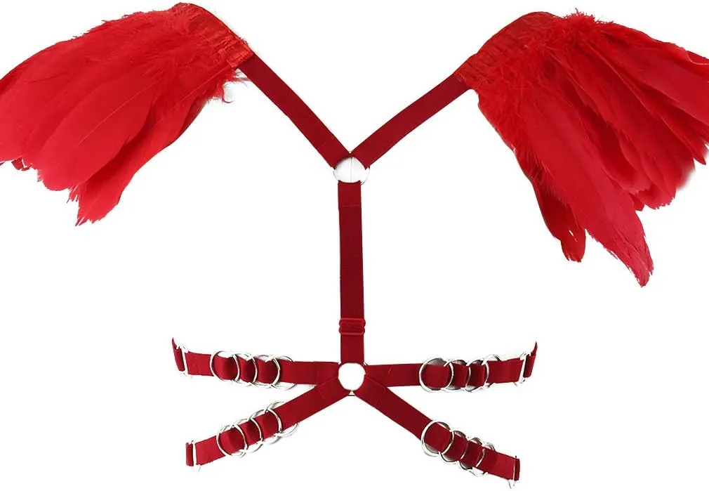 Body CAGE Women's Feathers Body Harness Bra Gothic Punk Epaulette Burning Man Festival Rave Wing Bralette Adjustable