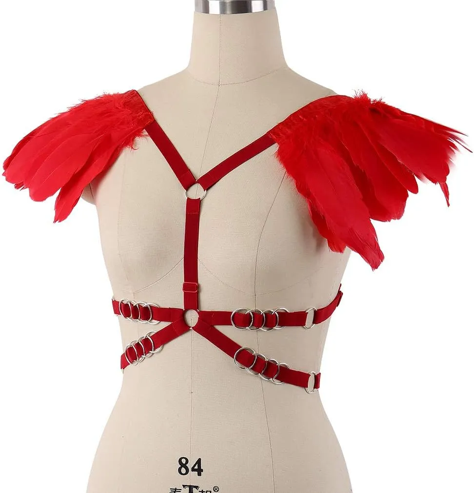 Body CAGE Women's Feathers Body Harness Bra Gothic Punk Epaulette Burning Man Festival Rave Wing Bralette Adjustable