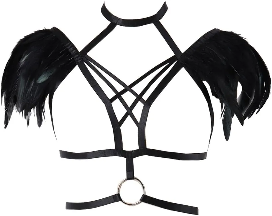Body CAGE Women's Feathers Body Harness Rave Gothic Punk Epaulette Strappy Shoulder Wing Bralette Adjustable Plus Size (Black FBA)