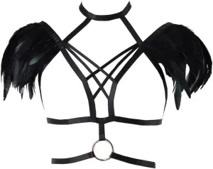 Body CAGE Women's Feathers Body Harness Rave Gothic Punk Epaulette Strappy Shoulder Wing Bralette Adjustable Plus Size (Black FBA)