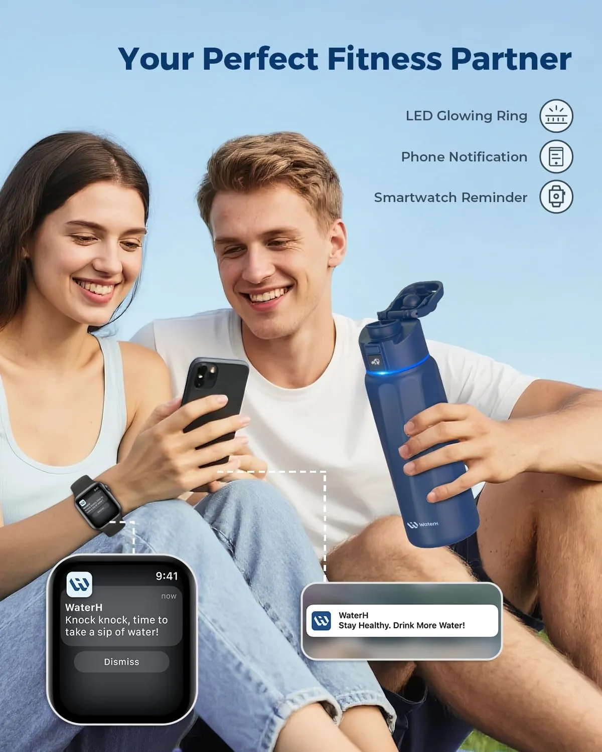BOOST Smart Water Bottle with Reminder to Drink Water & Water Tracker - Double Wall Vacuum Insulated Water Bottle Stainless Steel, Wide Mouth 32 oz Water Bottles, Ideal for Gift - Blue