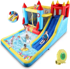 Bounce House,Inflatable Bounce Castle with Blower for Kids 3-12,Outdoor/Indoor Bouncy House Water Park for Backyard with 2 Splash Slides,Climbing Wall,Ball Pit,Jumping Area (146" x 132" x 81")