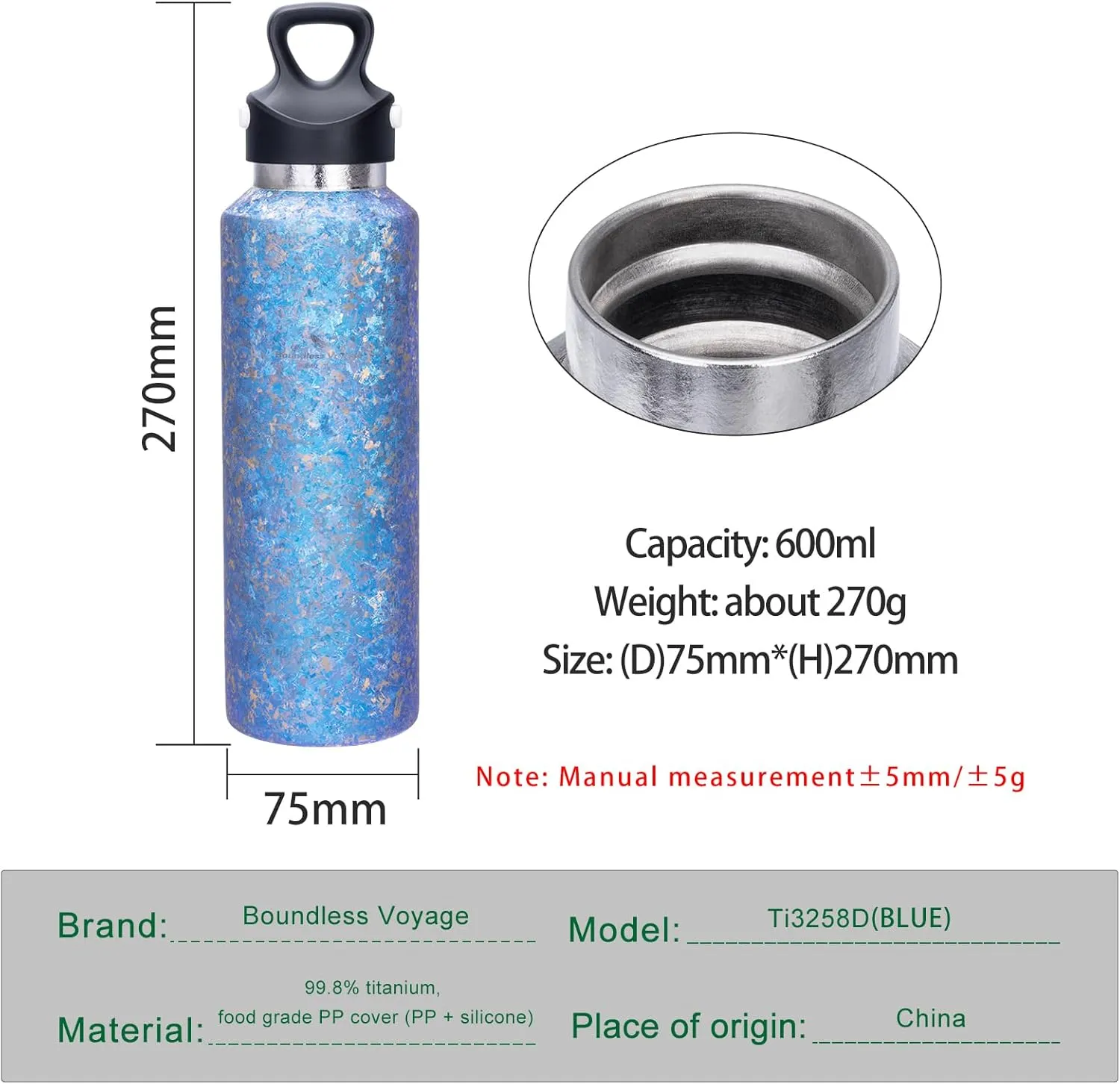 Boundless Voyage Titanium Vacuum Water Bottle Double-Walled Insulated Cup Lightweight and Leak-Proof Travel Outdoor Office School Sport Bottle (600ml blue)