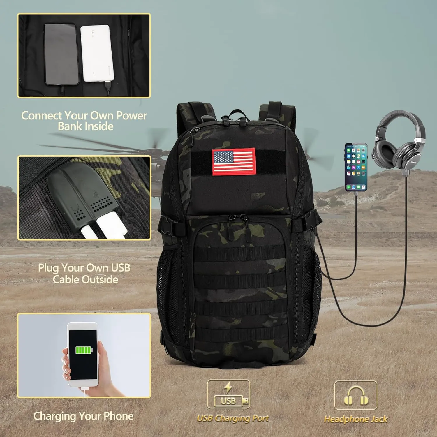 Boys Backpack for School,Military Teen Boys Backpack with USB Charging Pot,Camo Backpack Men 30L
