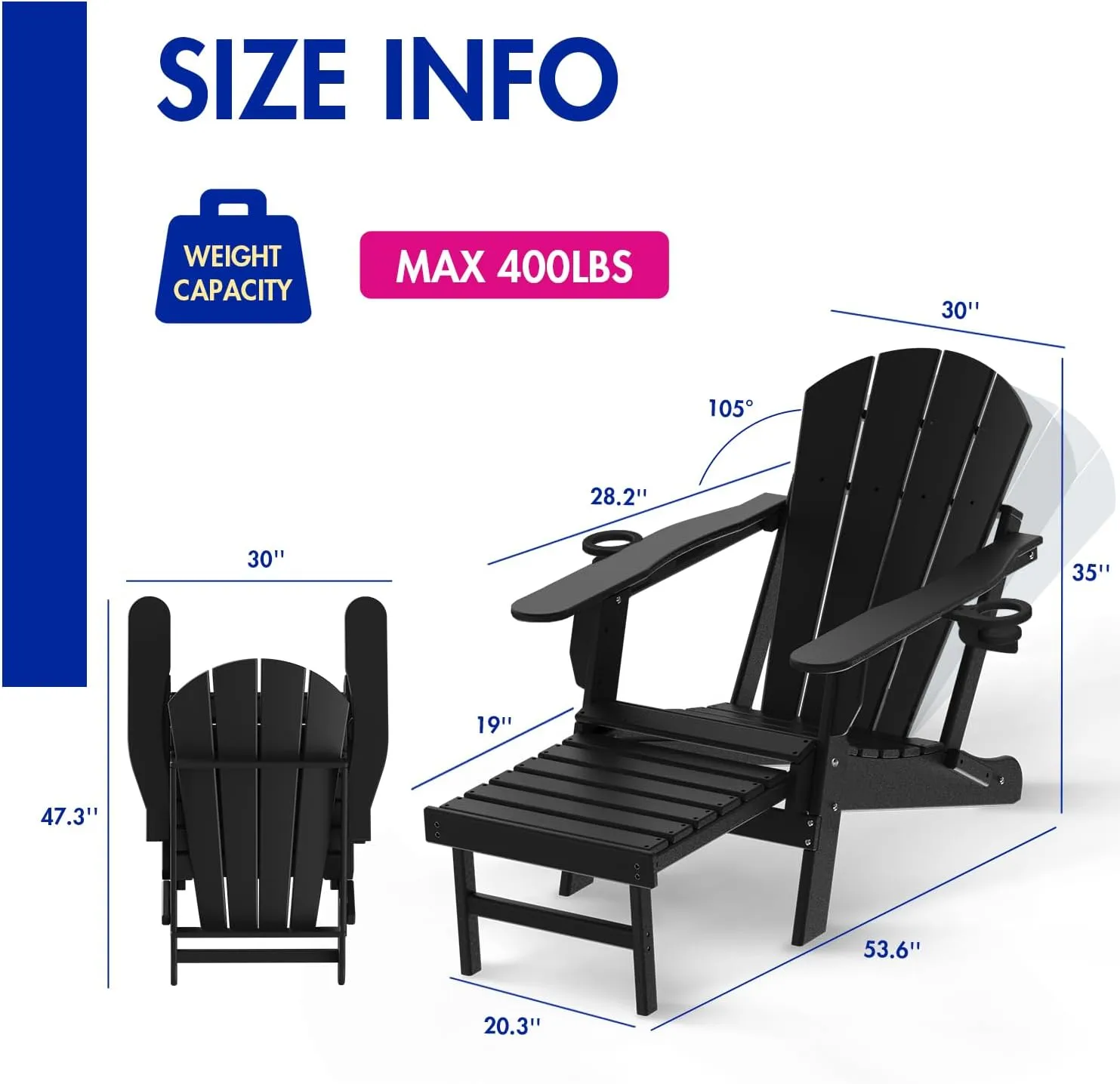 BRIOPAWS Folding Adirondack Chair with Adjustable Backrest & Ottoman, All-Weather HDPE Outdoor Chairs w/Cup Holders & Retractable Footrest for Poolside, Fire Pit, Campfire, Deck, Black