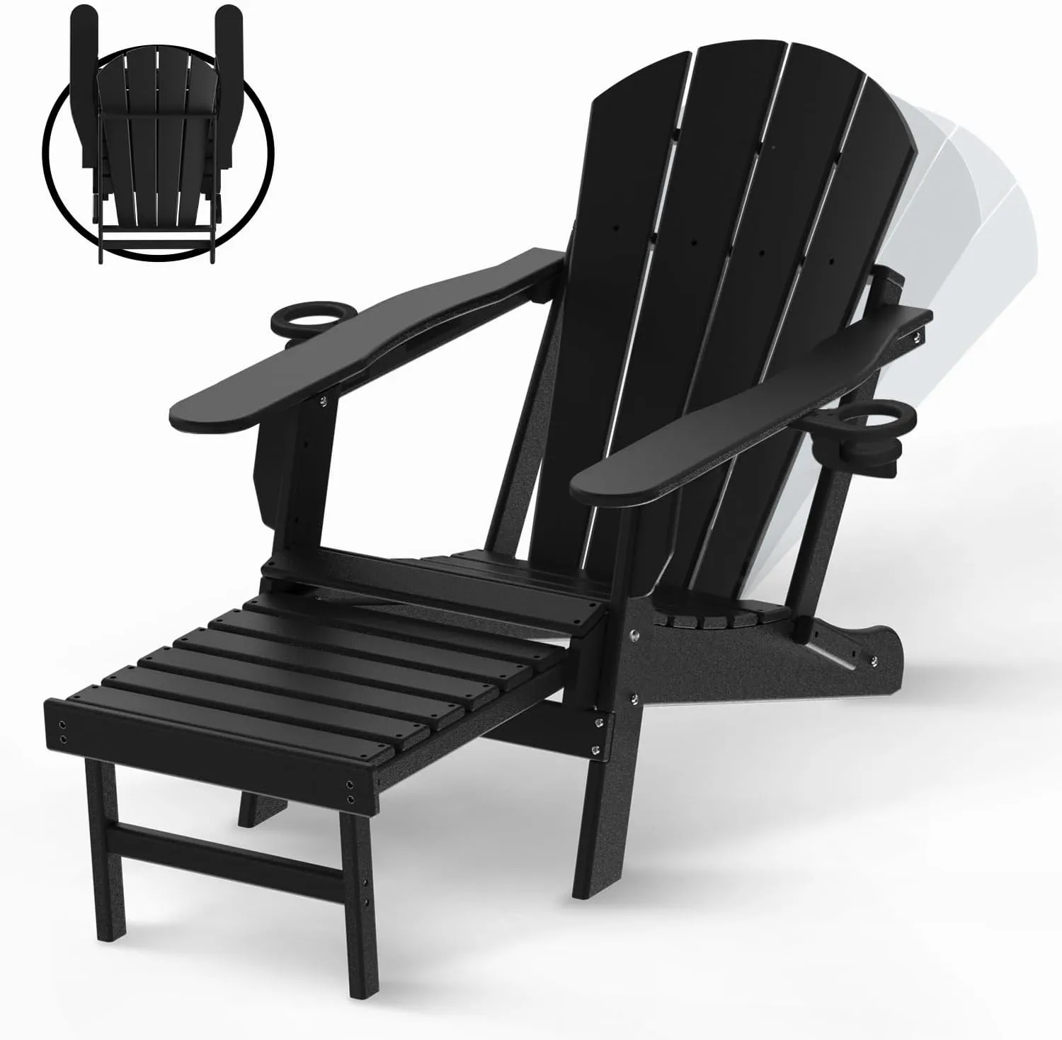 BRIOPAWS Folding Adirondack Chair with Adjustable Backrest & Ottoman, All-Weather HDPE Outdoor Chairs w/Cup Holders & Retractable Footrest for Poolside, Fire Pit, Campfire, Deck, Black