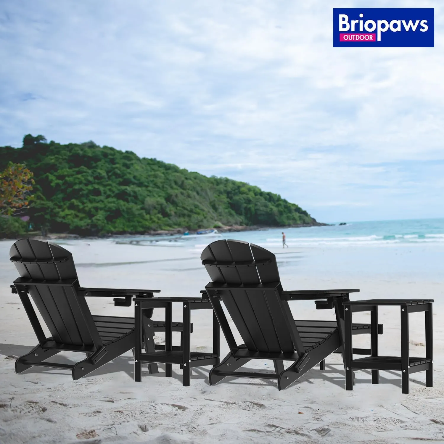 BRIOPAWS Folding Adirondack Chair with Adjustable Backrest & Ottoman, All-Weather HDPE Outdoor Chairs w/Cup Holders & Retractable Footrest for Poolside, Fire Pit, Campfire, Deck, Black