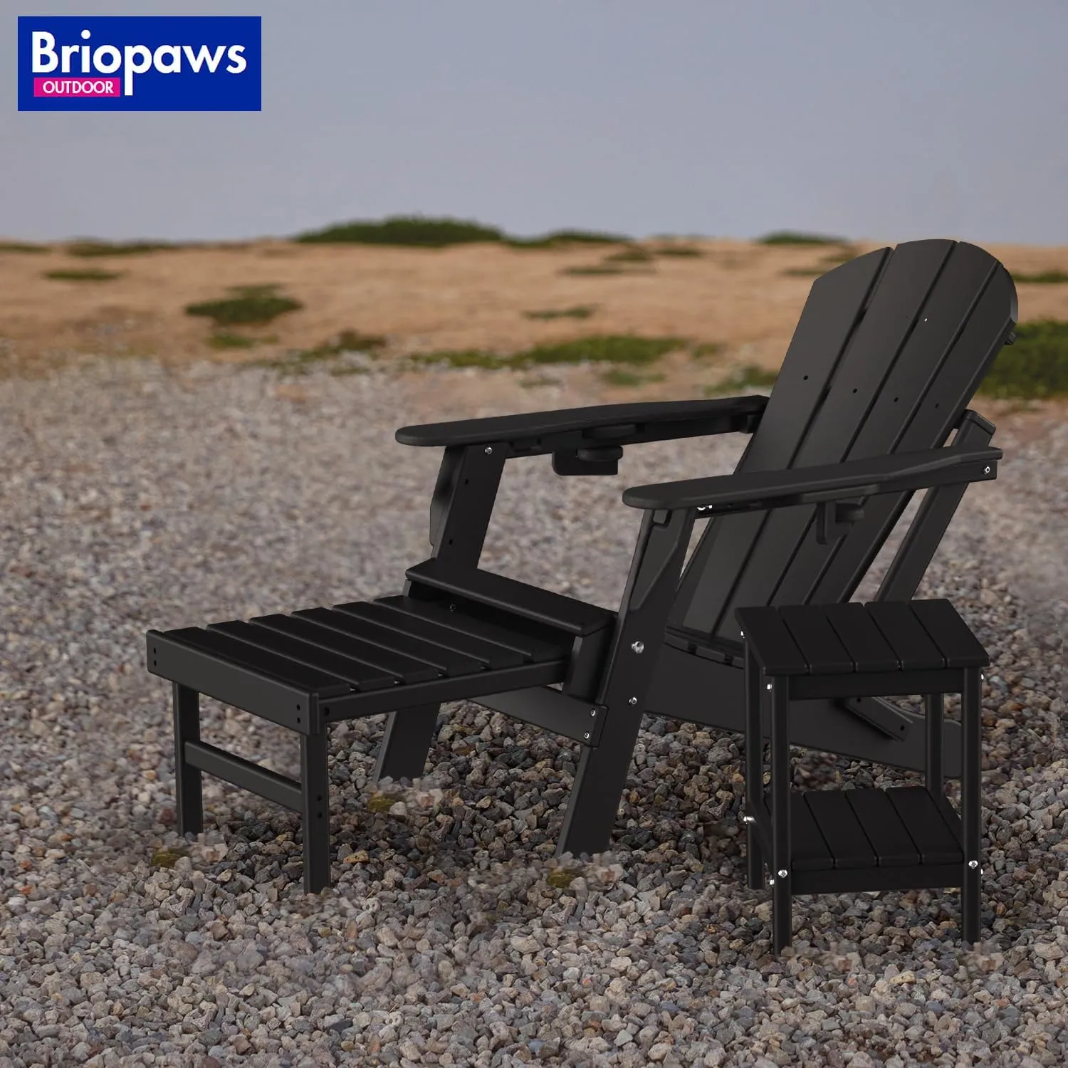BRIOPAWS Folding Adirondack Chair with Adjustable Backrest & Ottoman, All-Weather HDPE Outdoor Chairs w/Cup Holders & Retractable Footrest for Poolside, Fire Pit, Campfire, Deck, Black